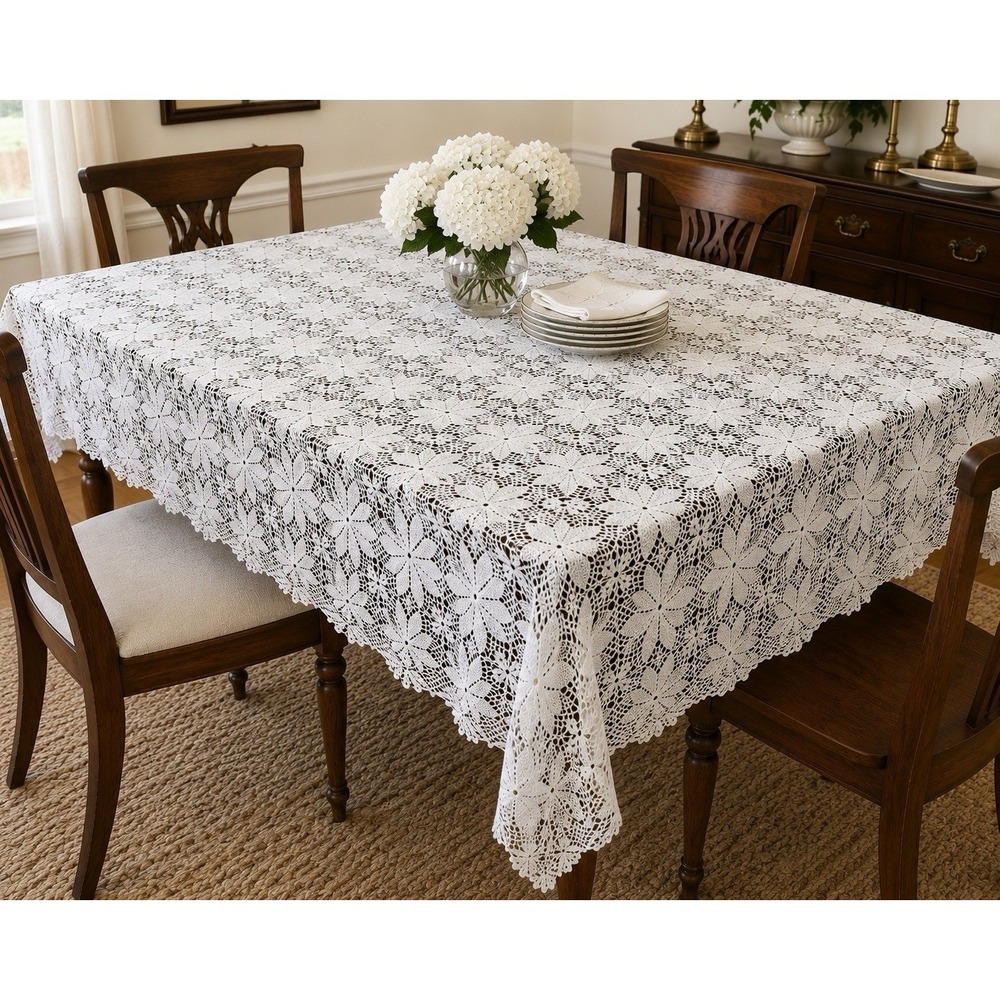 Vintage Handmade Crochet Lace Tablecloth Ivory Floral Rectangular 57x78 Cotton